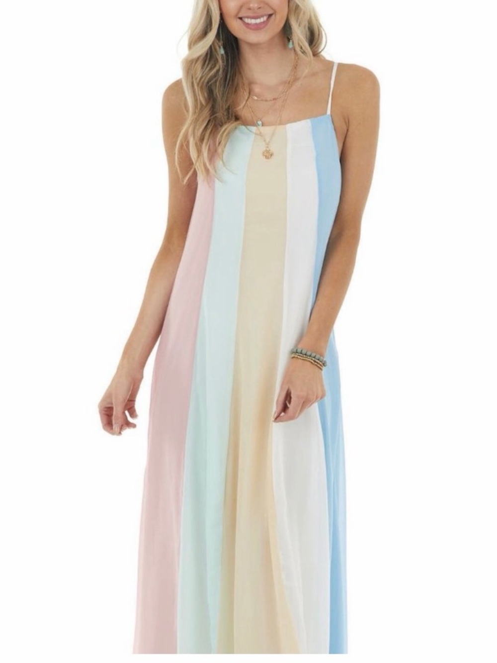 DAVI & DANI Pastel Stripe Maxi Dress in Pink, Blue, Cream, White